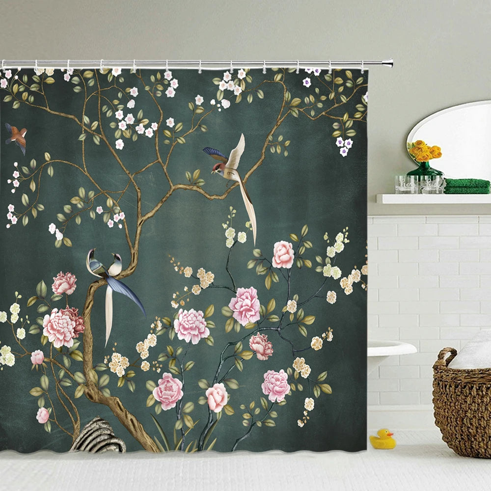 Chinese Style Flower and Birds Tree Shower Curtains Bath Curtain Waterproof Bathroom Decor With Hooks 3d Printing Bath Curtain