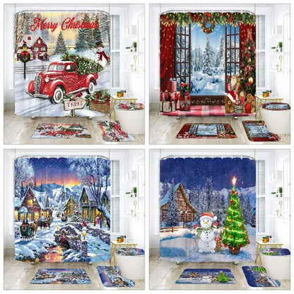Christmas Bathroom Sets with Shower Curtain and Rugs, Red Truck Christmas Shower Curtain Set, Xmas Bathroom Rugs Bathroom Decor