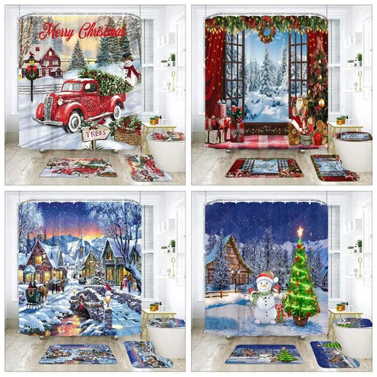 Christmas Bathroom Sets with Shower Curtain and Rugs, Red Truck Christmas Shower Curtain Set, Xmas Bathroom Rugs Bathroom Decor