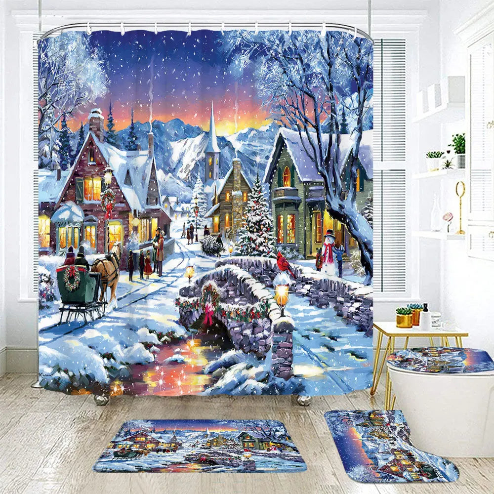 Christmas Bathroom Sets with Shower Curtain and Rugs, Red Truck Christmas Shower Curtain Set, Xmas Bathroom Rugs Bathroom Decor
