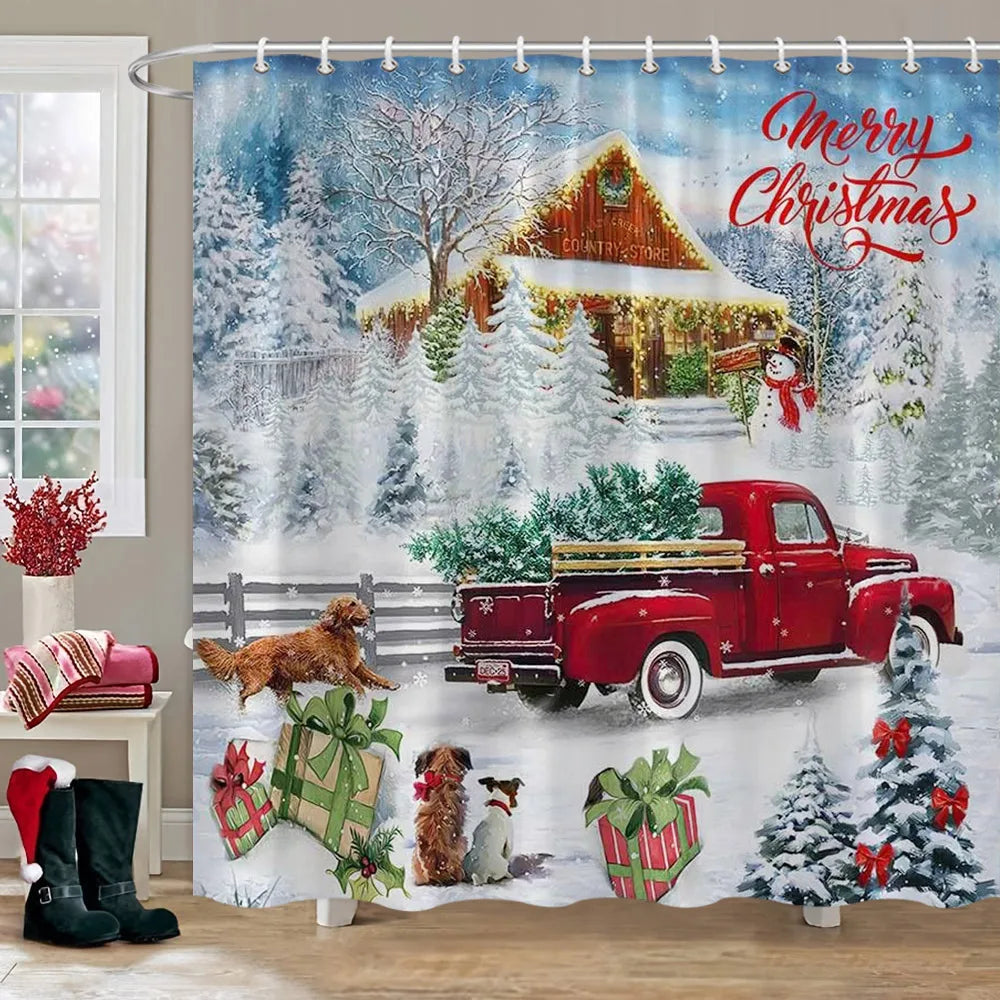 Christmas Bathroom Sets with Shower Curtain and Rugs, Red Truck Christmas Shower Curtain Set, Xmas Bathroom Rugs Bathroom Decor