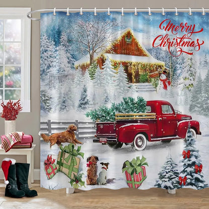 Christmas Bathroom Sets with Shower Curtain and Rugs, Red Truck Christmas Shower Curtain Set, Xmas Bathroom Rugs Bathroom Decor