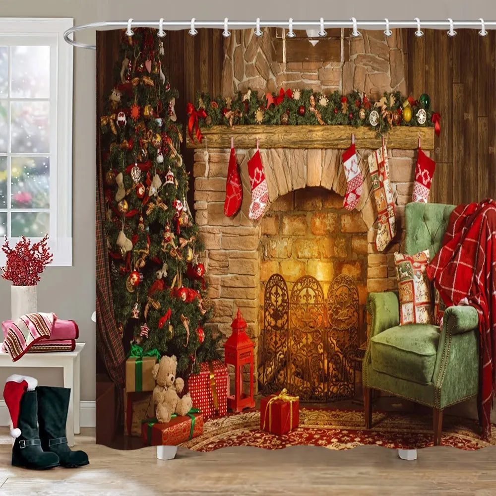 Christmas Bathroom Sets with Shower Curtain and Rugs, Red Truck Christmas Shower Curtain Set, Xmas Bathroom Rugs Bathroom Decor