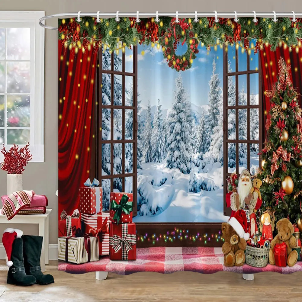 Christmas Bathroom Sets with Shower Curtain and Rugs, Red Truck Christmas Shower Curtain Set, Xmas Bathroom Rugs Bathroom Decor