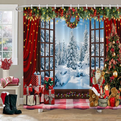 Christmas Bathroom Sets with Shower Curtain and Rugs, Red Truck Christmas Shower Curtain Set, Xmas Bathroom Rugs Bathroom Decor