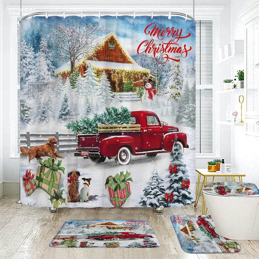 Christmas Bathroom Sets with Shower Curtain and Rugs, Red Truck Christmas Shower Curtain Set, Xmas Bathroom Rugs Bathroom Decor