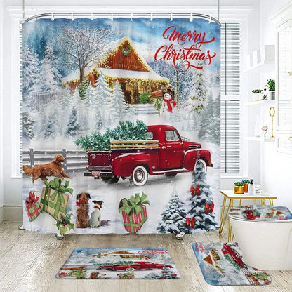 Christmas Bathroom Sets with Shower Curtain and Rugs, Red Truck Christmas Shower Curtain Set, Xmas Bathroom Rugs Bathroom Decor