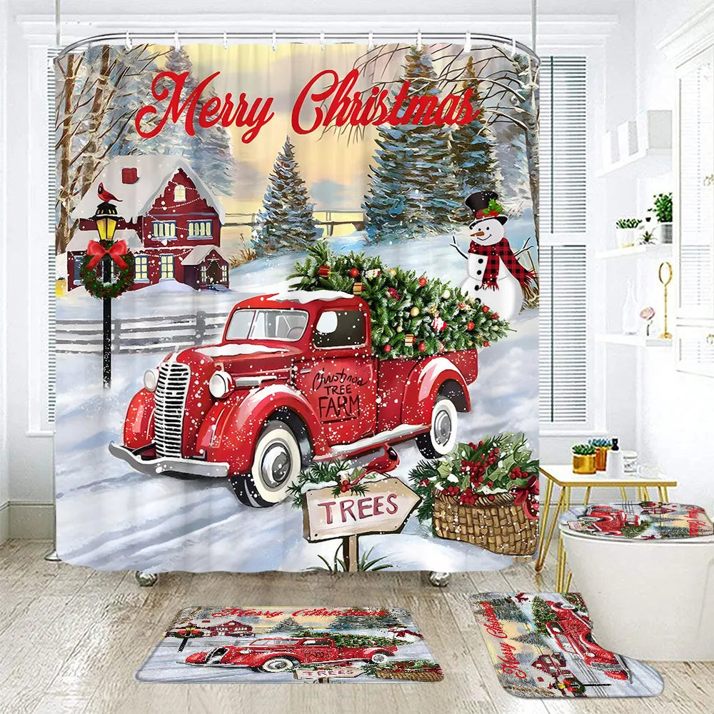 Christmas Bathroom Sets with Shower Curtain and Rugs, Red Truck Christmas Shower Curtain Set, Xmas Bathroom Rugs Bathroom Decor