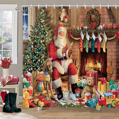 Christmas Bathroom Sets with Shower Curtain and Rugs, Red Truck Christmas Shower Curtain Set, Xmas Bathroom Rugs Bathroom Decor