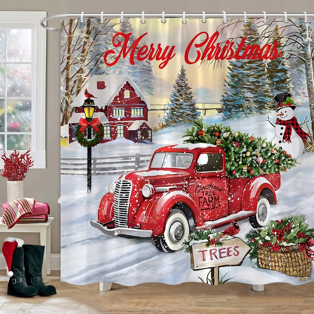 Christmas Bathroom Sets with Shower Curtain and Rugs, Red Truck Christmas Shower Curtain Set, Xmas Bathroom Rugs Bathroom Decor