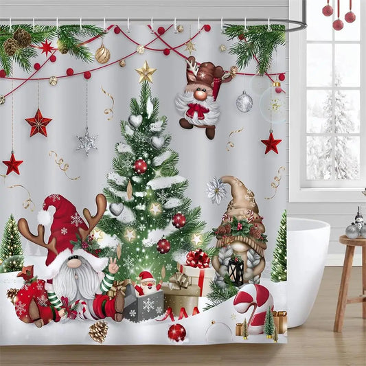 Christmas Shower Curtain Funny Cartoon Santa Claus Xmas Tree Balls Gift Winter New Year Bath Curtains Fabric Home Bathroom Decor