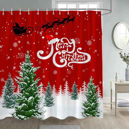 Christmas Shower Curtain Funny Cartoon Santa Claus Xmas Tree Balls Gift Winter New Year Bath Curtains Fabric Home Bathroom Decor