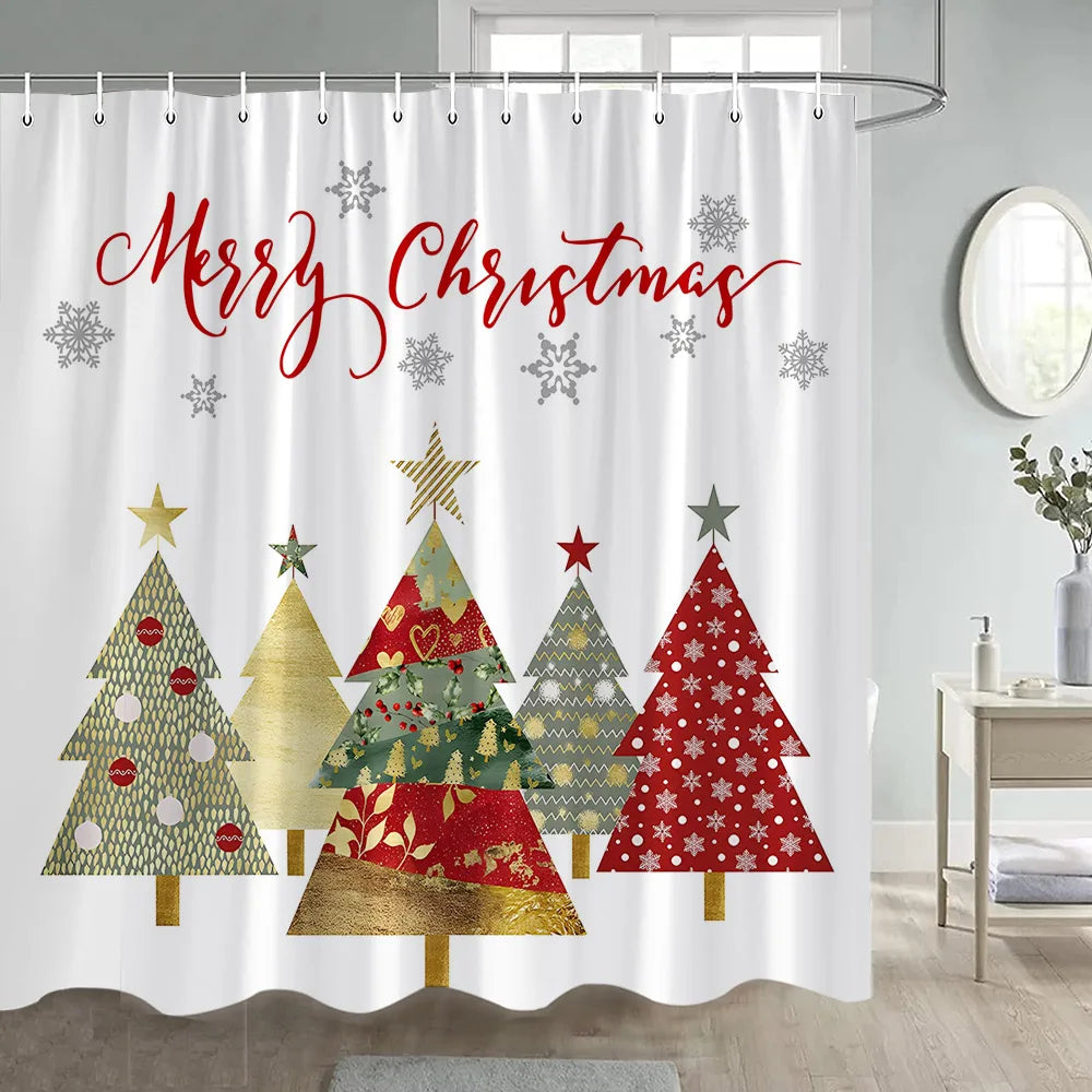 Christmas Shower Curtain Funny Cartoon Santa Claus Xmas Tree Balls Gift Winter New Year Bath Curtains Fabric Home Bathroom Decor