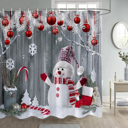 Christmas Shower Curtain Funny Cartoon Santa Claus Xmas Tree Balls Gift Winter New Year Bath Curtains Fabric Home Bathroom Decor