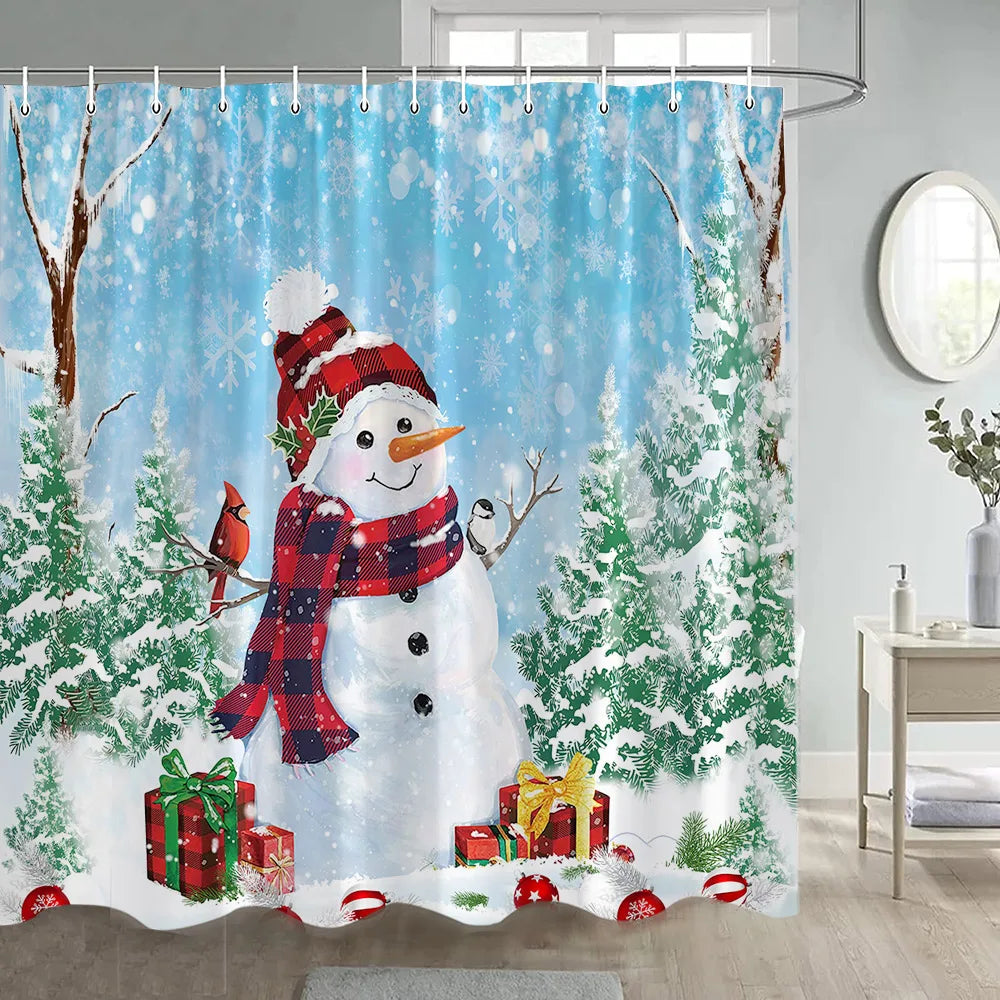 Christmas Shower Curtain Funny Cartoon Santa Claus Xmas Tree Balls Gift Winter New Year Bath Curtains Fabric Home Bathroom Decor