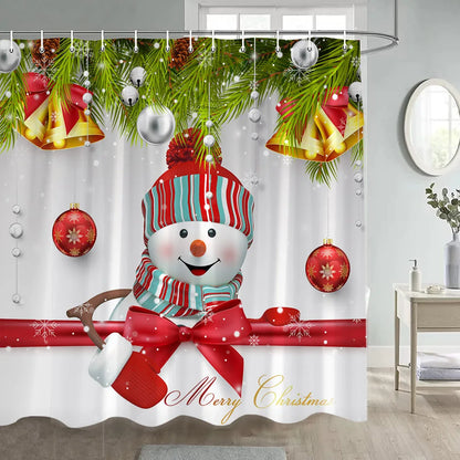 Christmas Shower Curtain Funny Cartoon Santa Claus Xmas Tree Balls Gift Winter New Year Bath Curtains Fabric Home Bathroom Decor