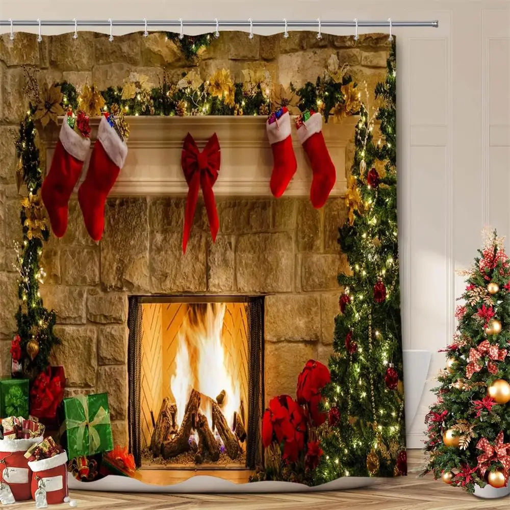 Christmas Shower Curtain Funny Cartoon Santa Claus Xmas Tree Balls Gift Winter New Year Bath Curtains Fabric Home Bathroom Decor