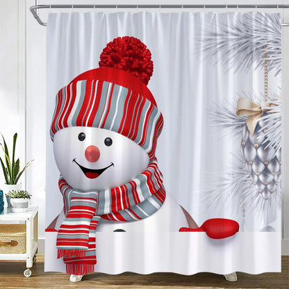 Christmas Shower Curtains Funny Snowman Fir Branch Gift Xmas Ball New Year Holiday Fabric Home Bathroom Decor Bath Curtain Sets