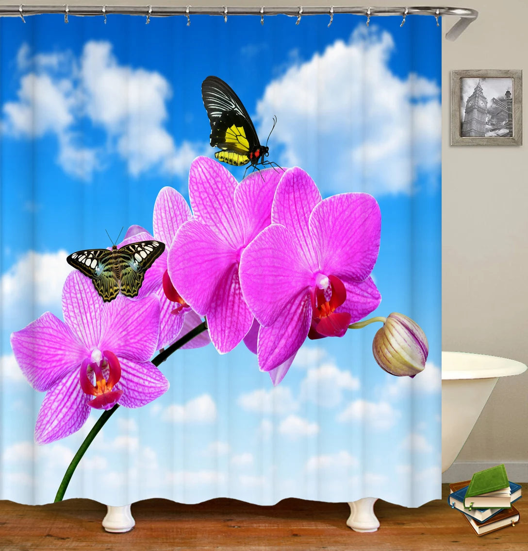 Colorful Tulip Lotus Flowers Trees Shower Curtain Bathroom Curtains Nature Flower Waterproof Polyester Fabric Bathtub Decor
