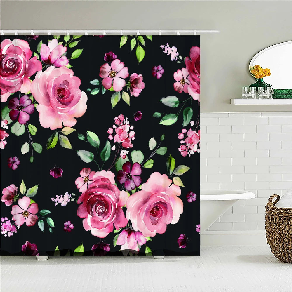 Colorful Tulip Rose Flowers Trees Shower Curtain Bathroom Curtains Nature Flower Waterproof Polyeste Fabric Home Bathtub Decor