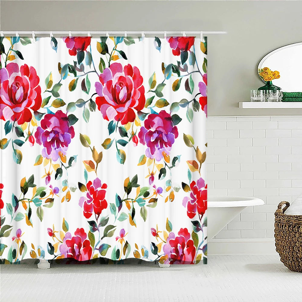 Colorful Tulip Rose Flowers Trees Shower Curtain Bathroom Curtains Nature Flower Waterproof Polyeste Fabric Home Bathtub Decor