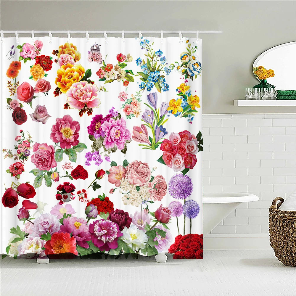 Colorful Tulip Rose Flowers Trees Shower Curtain Bathroom Curtains Nature Flower Waterproof Polyeste Fabric Home Bathtub Decor