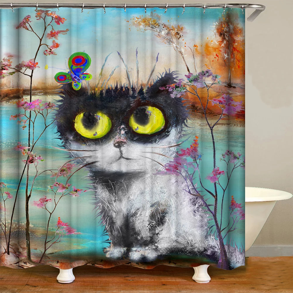 Cute Cat Animal Waterproof Polyester Shower Curtain with Hooks For Bathtub Bathroom Screens Home Decor Large Size Wall Cloth