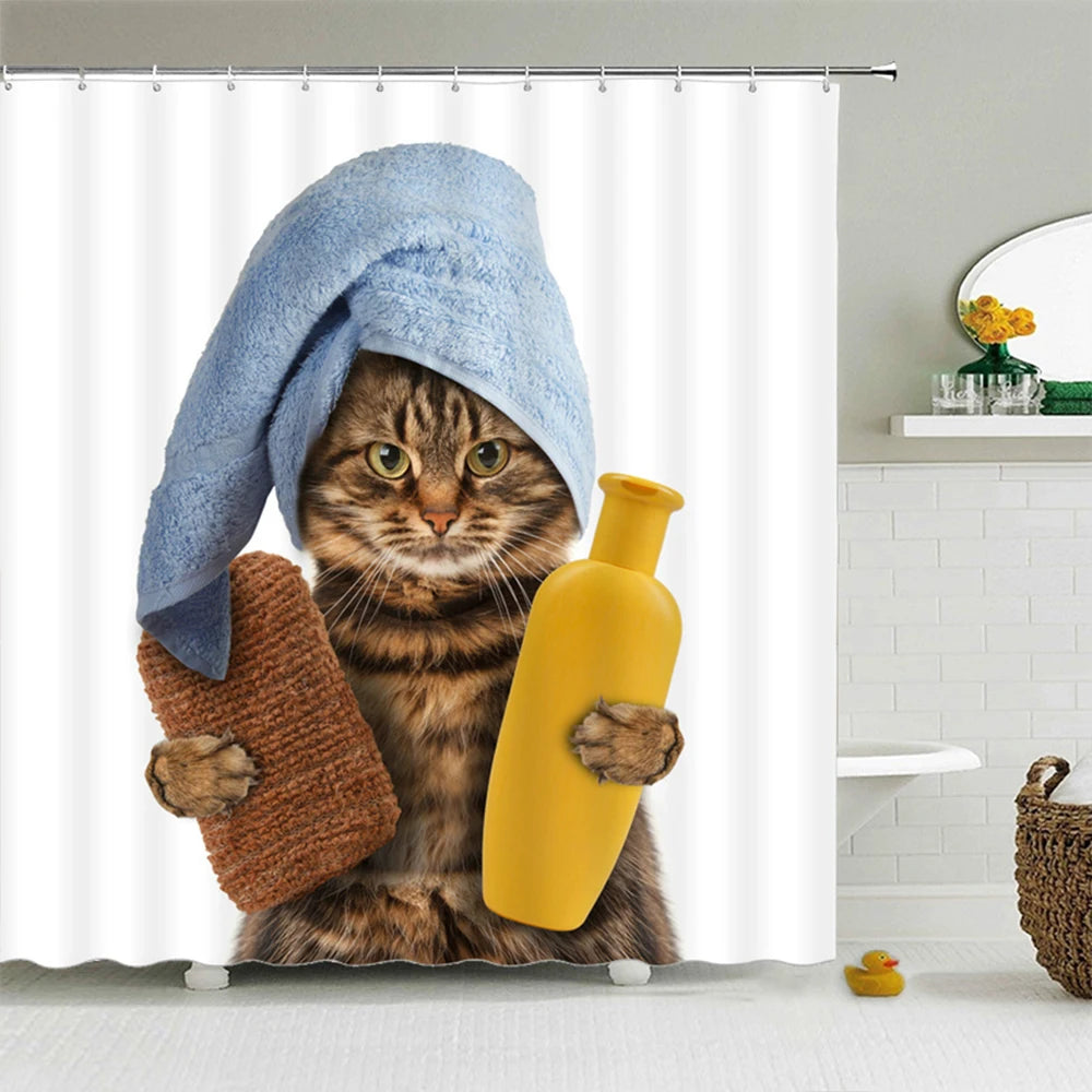 Cute Cat Animal Waterproof Polyester Shower Curtain with Hooks For Bathtub Bathroom Screens Home Decor Large Size Wall Cloth