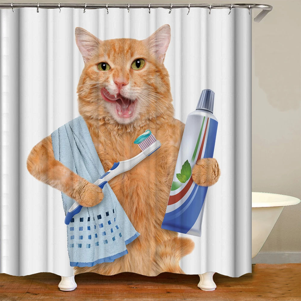 Cute Cat Animal Waterproof Polyester Shower Curtain with Hooks For Bathtub Bathroom Screens Home Decor Large Size Wall Cloth