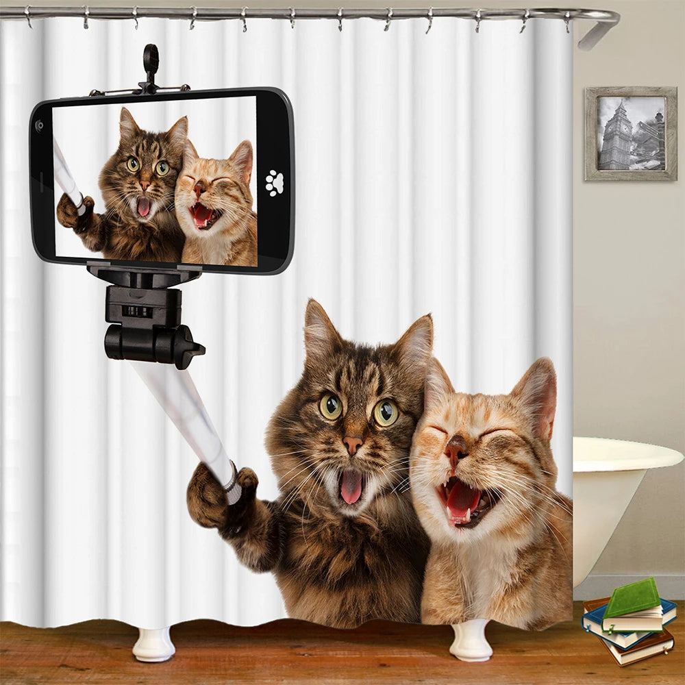 Cute Cat Animal Waterproof Polyester Shower Curtain with Hooks For Bathtub Bathroom Screens Home Decor Large Size Wall Cloth