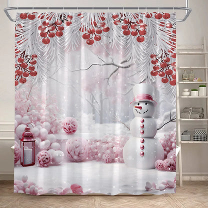 Cute Pink Snowman Christmas Shower Curtains Winter Forest Castle Xmas Trees Gift New Year Holiday Home Bathroom Decor with Hooks