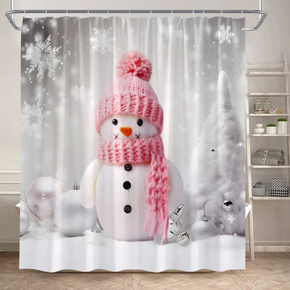 Cute Pink Snowman Christmas Shower Curtains Winter Forest Castle Xmas Trees Gift New Year Holiday Home Bathroom Decor with Hooks