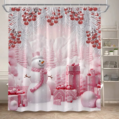 Cute Pink Snowman Christmas Shower Curtains Winter Forest Castle Xmas Trees Gift New Year Holiday Home Bathroom Decor with Hooks
