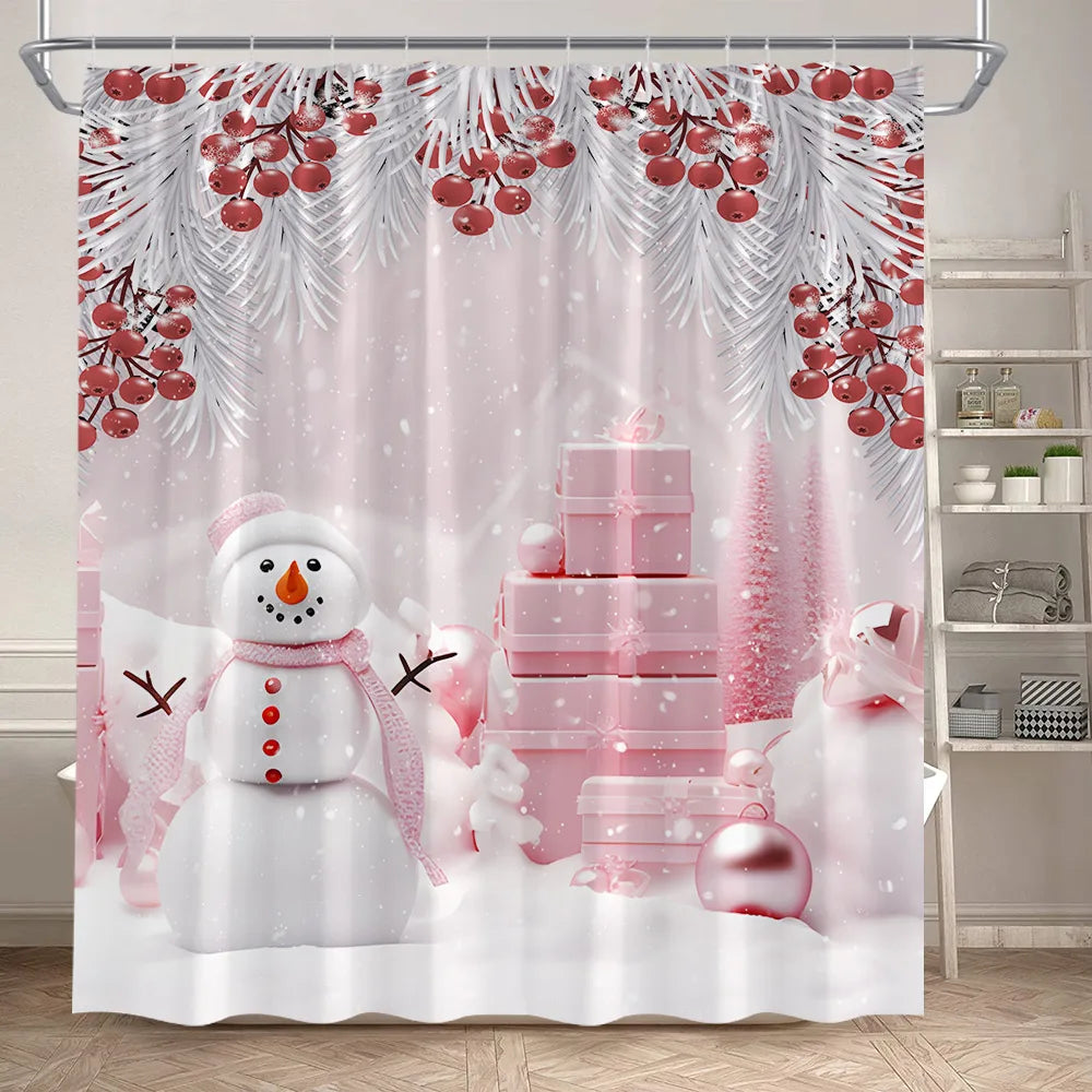 Cute Pink Snowman Christmas Shower Curtains Winter Forest Castle Xmas Trees Gift New Year Holiday Home Bathroom Decor with Hooks