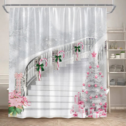 Cute Pink Snowman Christmas Shower Curtains Winter Forest Castle Xmas Trees Gift New Year Holiday Home Bathroom Decor with Hooks