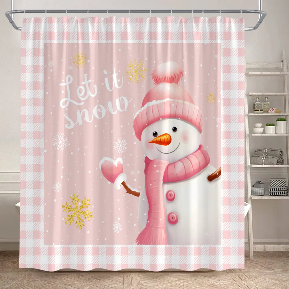 Cute Pink Snowman Christmas Shower Curtains Winter Forest Castle Xmas Trees Gift New Year Holiday Home Bathroom Decor with Hooks