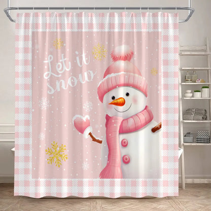 Cute Pink Snowman Christmas Shower Curtains Winter Forest Castle Xmas Trees Gift New Year Holiday Home Bathroom Decor with Hooks