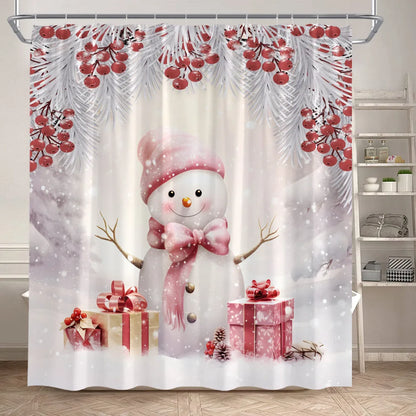 Cute Pink Snowman Christmas Shower Curtains Winter Forest Castle Xmas Trees Gift New Year Holiday Home Bathroom Decor with Hooks