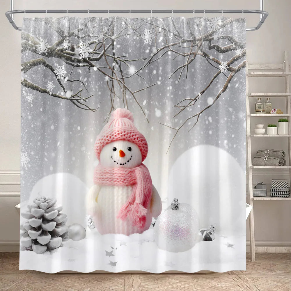 Cute Pink Snowman Christmas Shower Curtains Winter Forest Castle Xmas Trees Gift New Year Holiday Home Bathroom Decor with Hooks