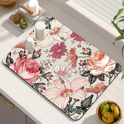 Dish Drying Mat, Printed Rubber Placemat Draining Pad, Non-Slip Super Absorbent Coffee Machine Mat, Dining Table Decorations
