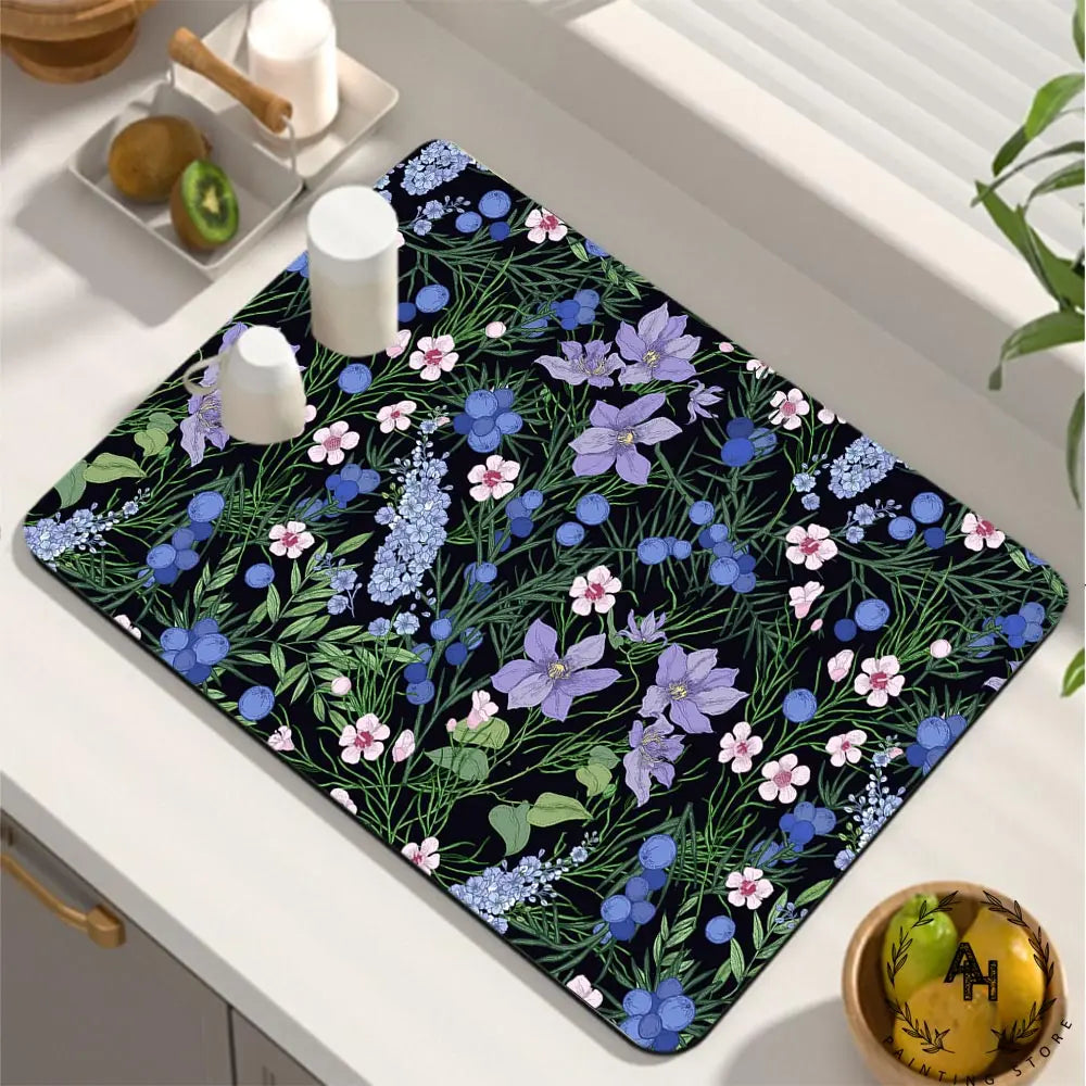 Dish Drying Mat, Printed Rubber Placemat Draining Pad, Non-Slip Super Absorbent Coffee Machine Mat, Dining Table Decorations