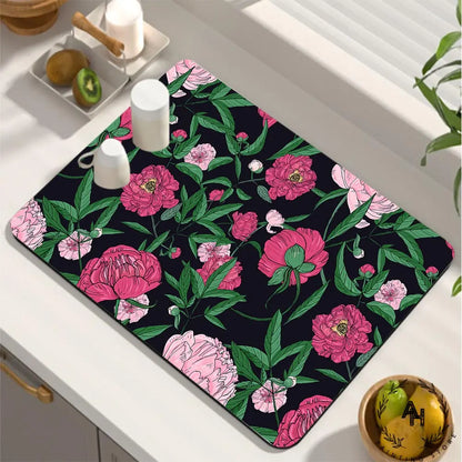 Dish Drying Mat, Printed Rubber Placemat Draining Pad, Non-Slip Super Absorbent Coffee Machine Mat, Dining Table Decorations