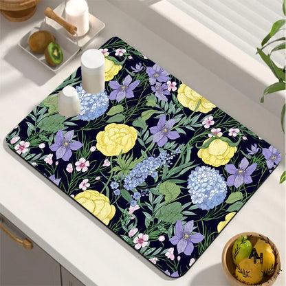 Dish Drying Mat, Printed Rubber Placemat Draining Pad, Non-Slip Super Absorbent Coffee Machine Mat, Dining Table Decorations