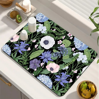 Dish Drying Mat, Printed Rubber Placemat Draining Pad, Non-Slip Super Absorbent Coffee Machine Mat, Dining Table Decorations