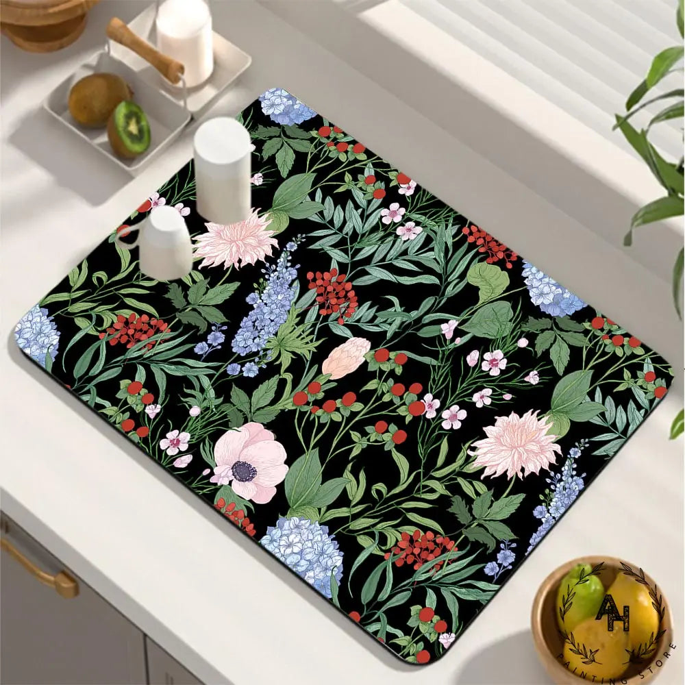 Dish Drying Mat, Printed Rubber Placemat Draining Pad, Non-Slip Super Absorbent Coffee Machine Mat, Dining Table Decorations