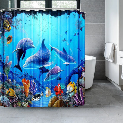 Dolphin Shower Curtain Blue Underwater World Marine Life Polyester Fabric Kids Ocean Theme Bathroom Decor Set with 12 Hooks