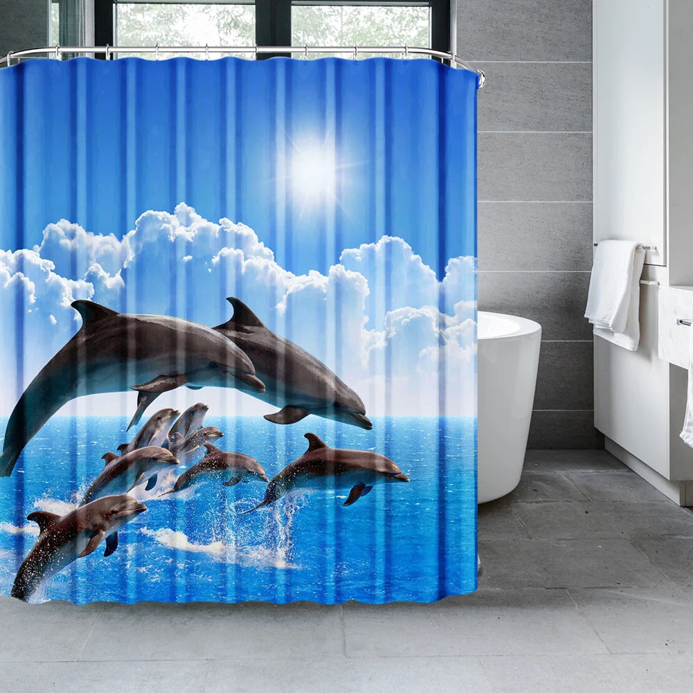 Dolphin Shower Curtain Blue Underwater World Marine Life Polyester Fabric Kids Ocean Theme Bathroom Decor Set with 12 Hooks