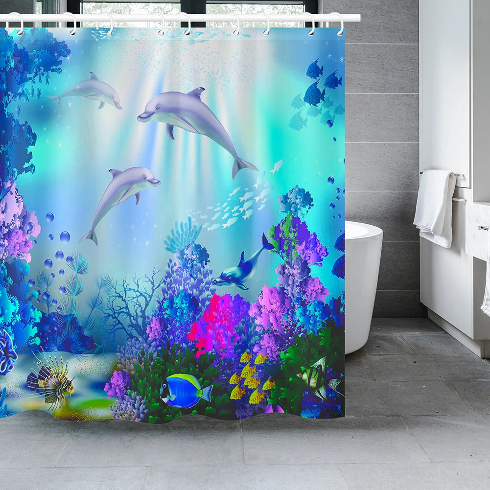 Dolphin Shower Curtain Blue Underwater World Marine Life Polyester Fabric Kids Ocean Theme Bathroom Decor Set with 12 Hooks