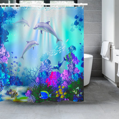 Dolphin Shower Curtain Blue Underwater World Marine Life Polyester Fabric Kids Ocean Theme Bathroom Decor Set with 12 Hooks