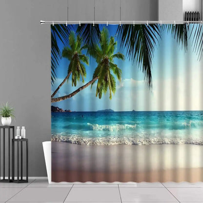 Dusk Sunset Beach Shower Curtains Tropical Ocean Palm Tree Forest Waterfall Nature Scenery Cloth Home Decor Bathroom Curtain Set